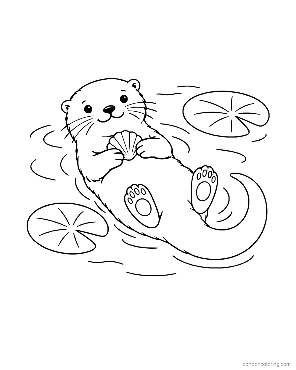 Otter floating on its back with a seashell between its paws and two lily pads nearby.