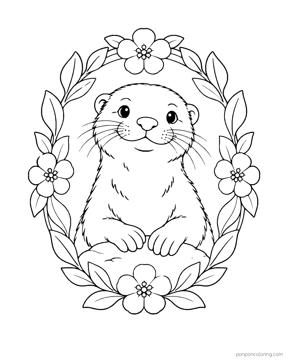 Otter portrait inside an oval frame of flowers and leaves.