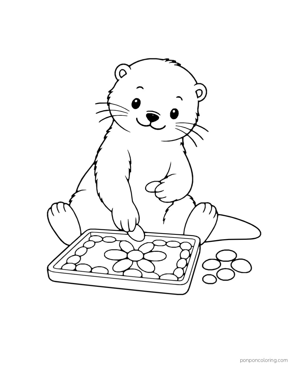 An otter arranges smooth pebbles into a flower on a rectangular tray.