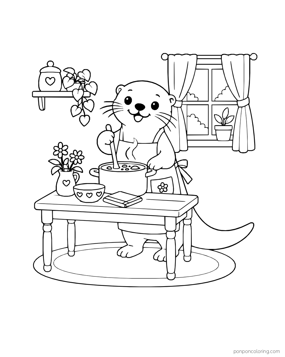 Otter in an apron stirring a soup pot beside a bowl, folded napkin, flowers, and curtained window.