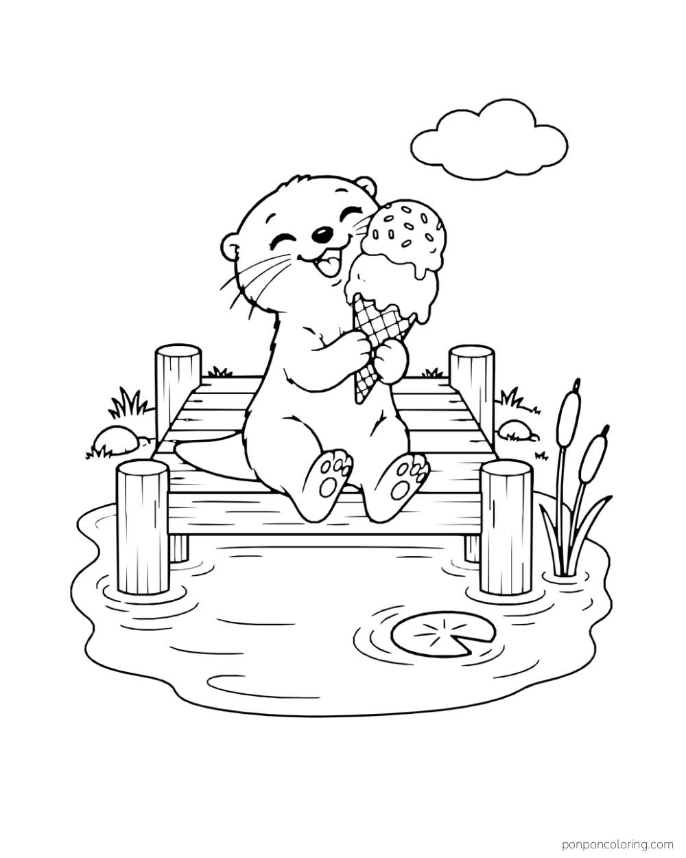 An otter holds a large double-scoop ice cream cone with both paws on a short dock over a small pond.