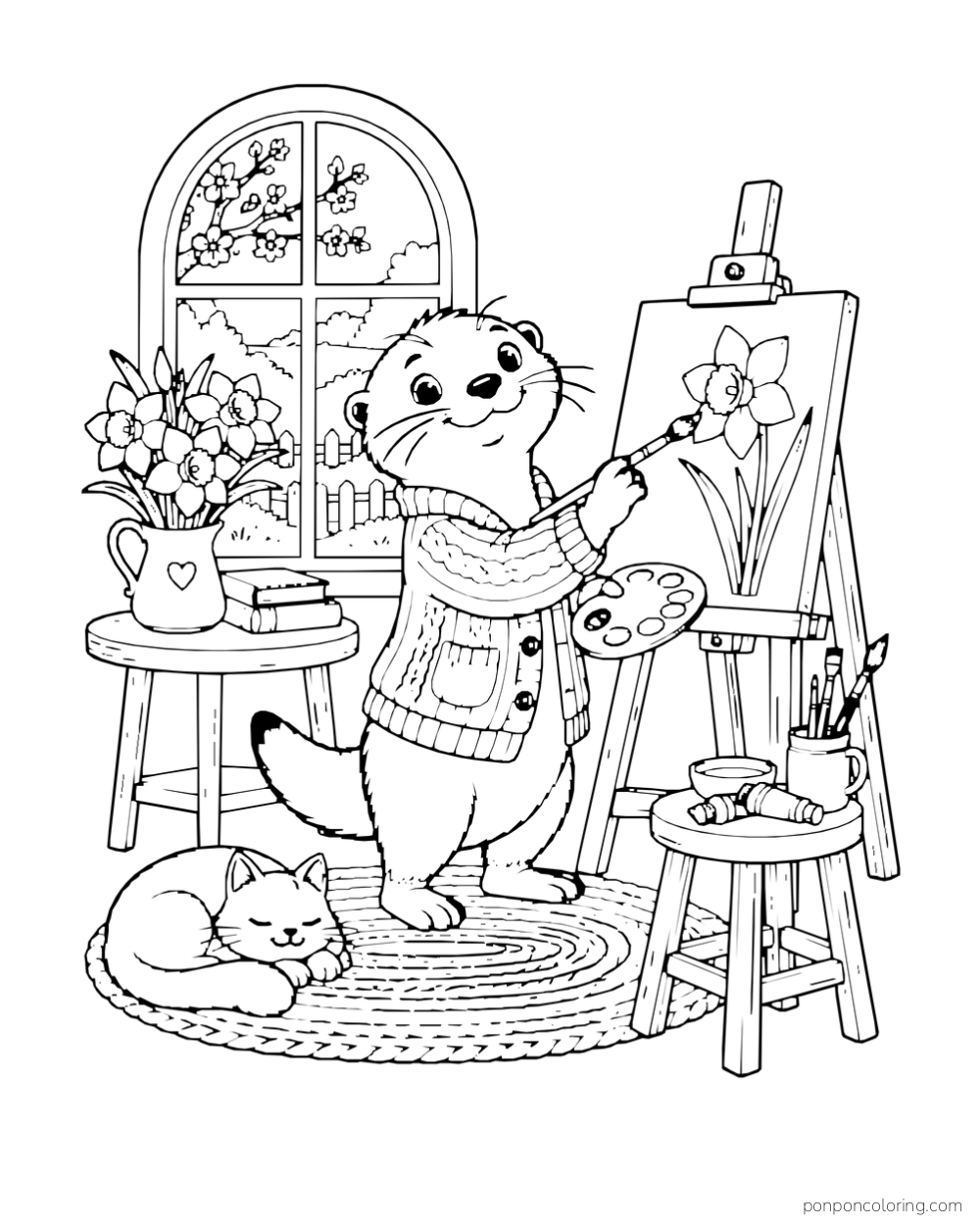 An otter paints a daffodil at an easel beside a sleeping kitten, a flower pitcher, and an arched window.