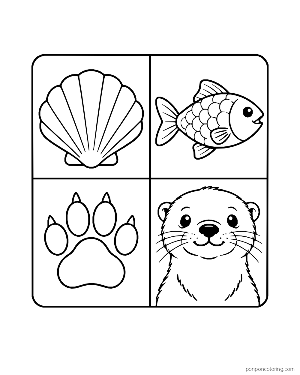 Four quilt squares containing a shell, fish, paw print, and otter face.