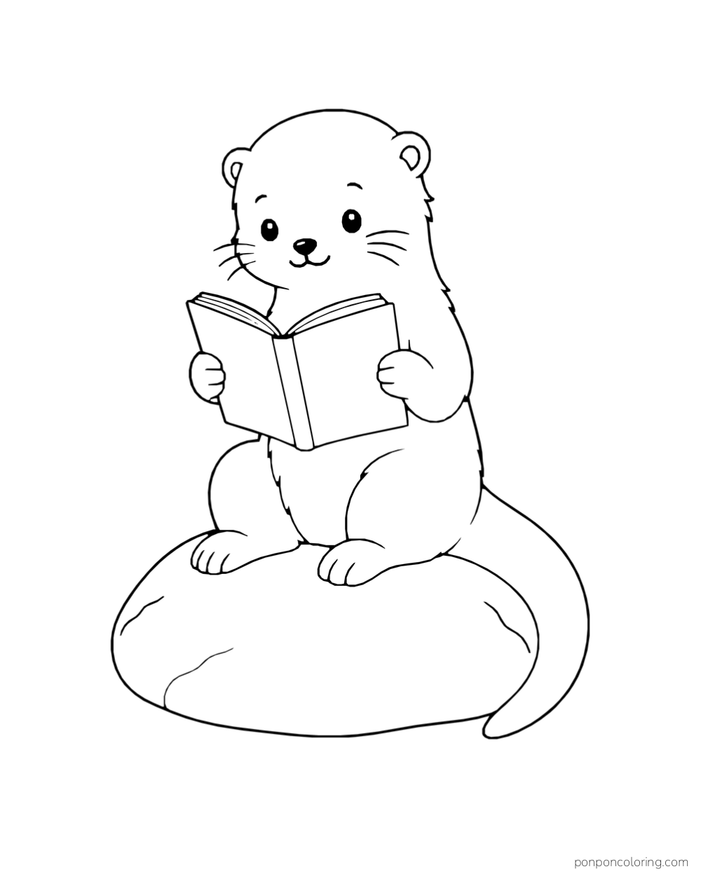 An otter sits on a rounded stone and holds an open book.