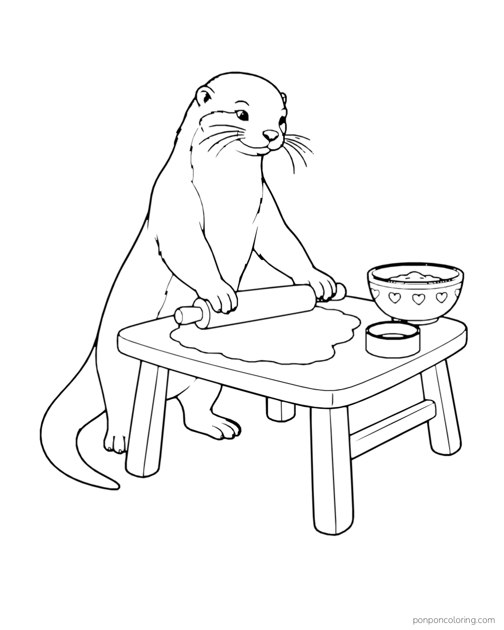 An otter rolls dough on a small table beside a bowl and cup.