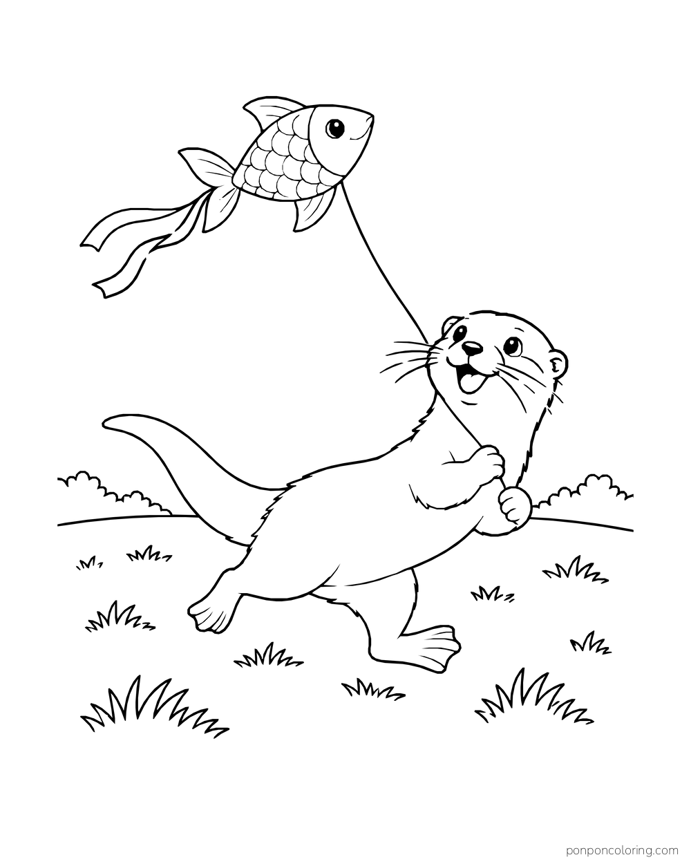Running otter flying a fish-shaped kite across open grass.