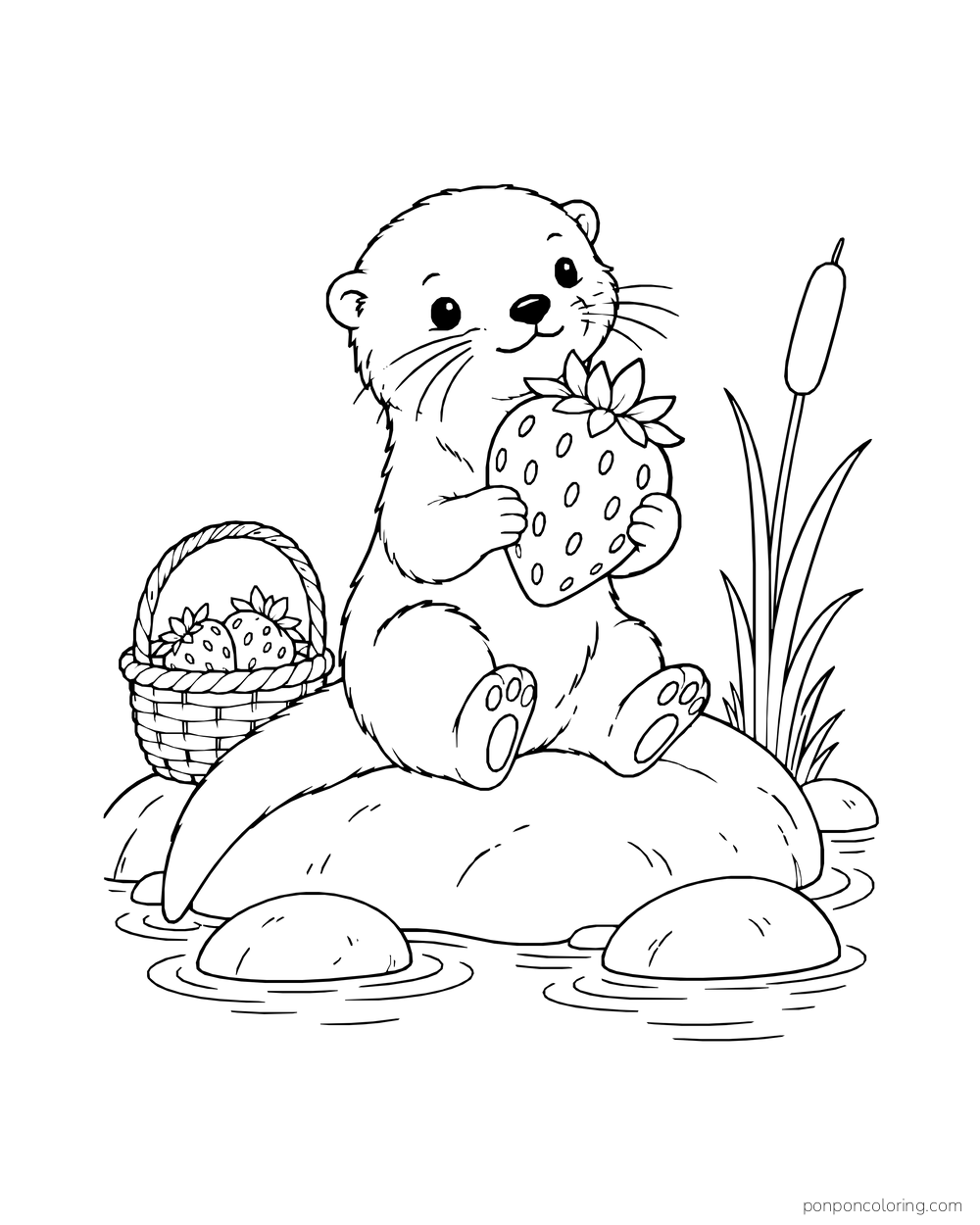 A small otter sits on a river stone holding one strawberry beside a basket and reeds.