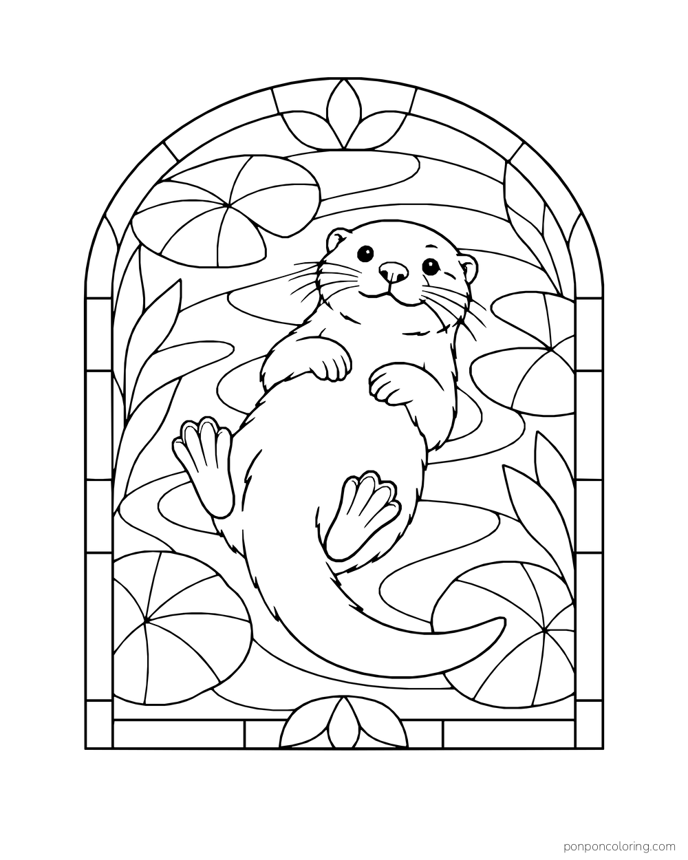 Floating otter in an arched stained-glass-style window of water leaves.