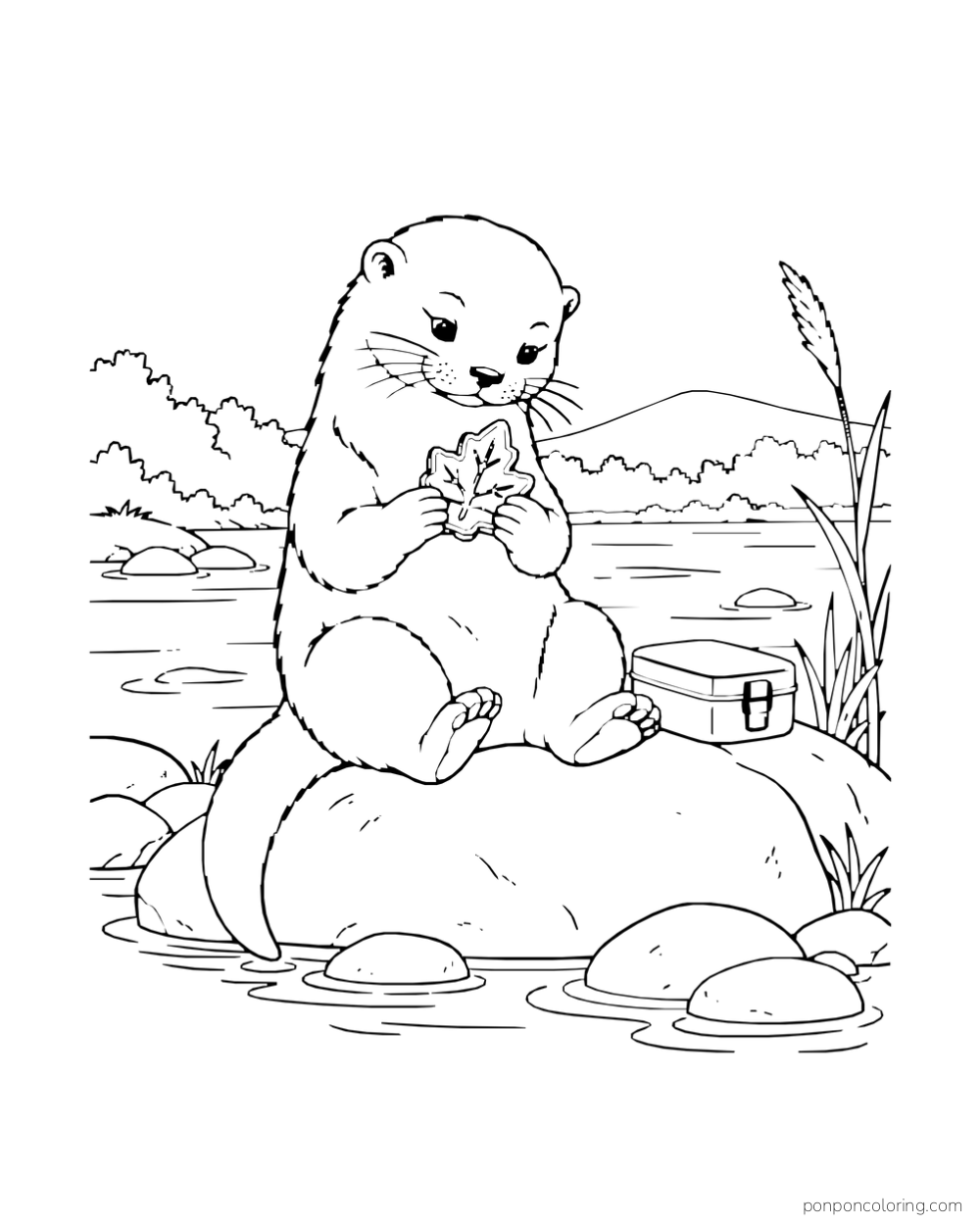 An otter sits on a riverbank stone holding a leaf-shaped cookie beside a lunch tin.