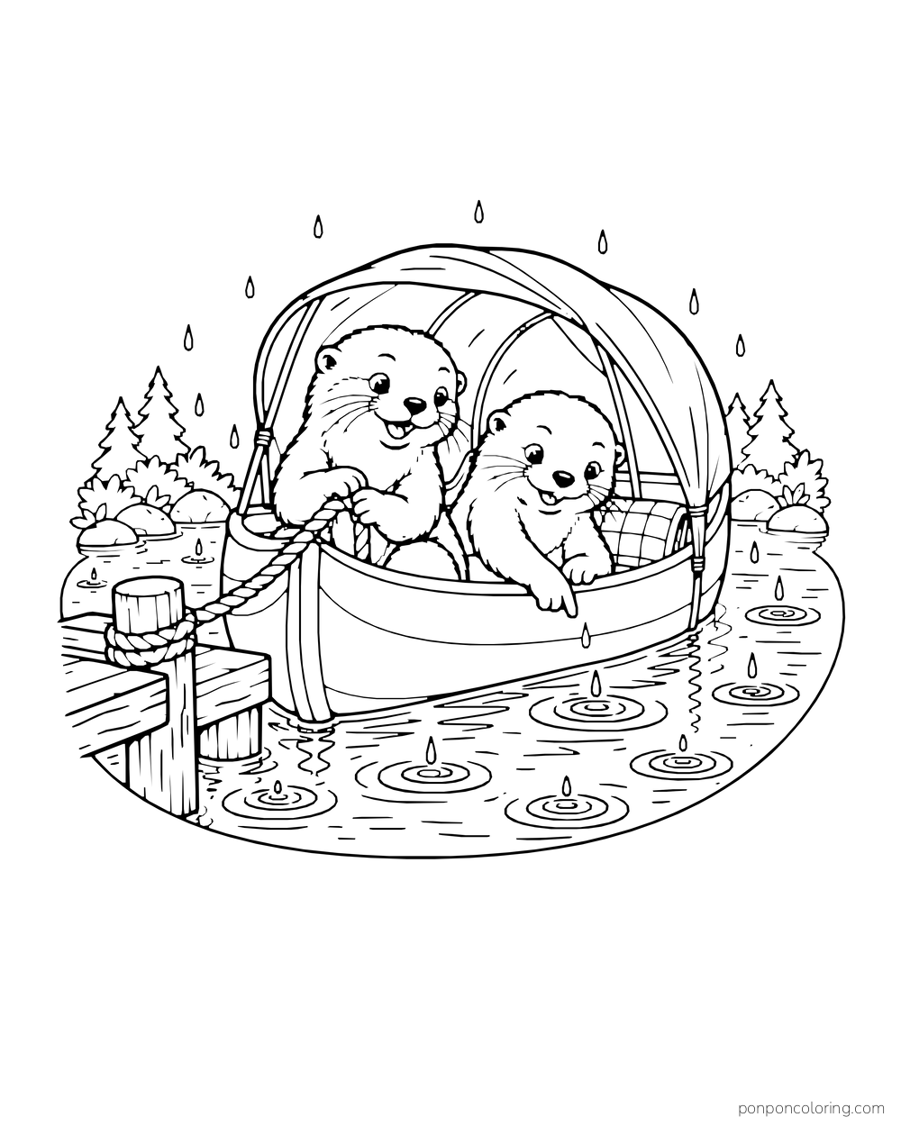 Two otters sit beneath the canopy of a small boat beside a dock in the rain.
