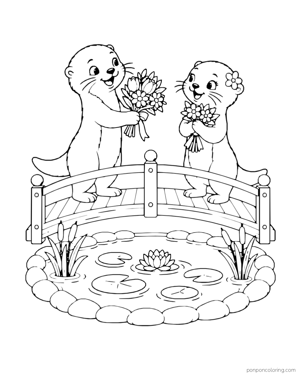 Two otters exchange bouquets on a small bridge over a pond with water lilies.