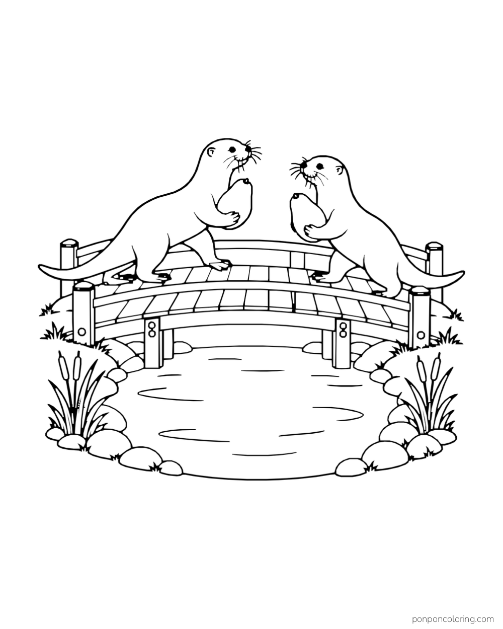 Two otters carry avocados on a wooden footbridge above a small enclosed pool.