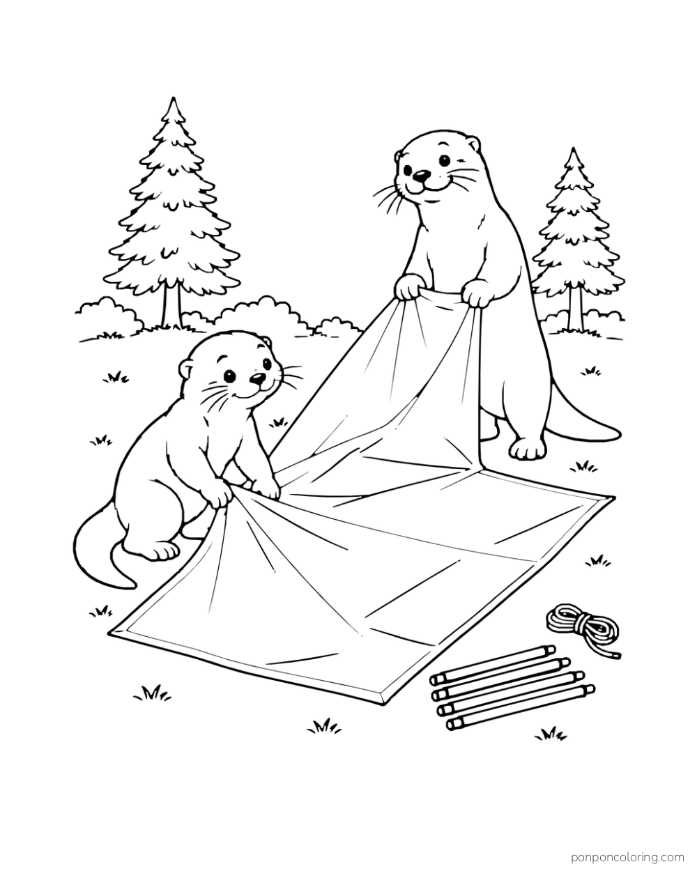 Two otters spread a broad groundsheet beside tent poles.
