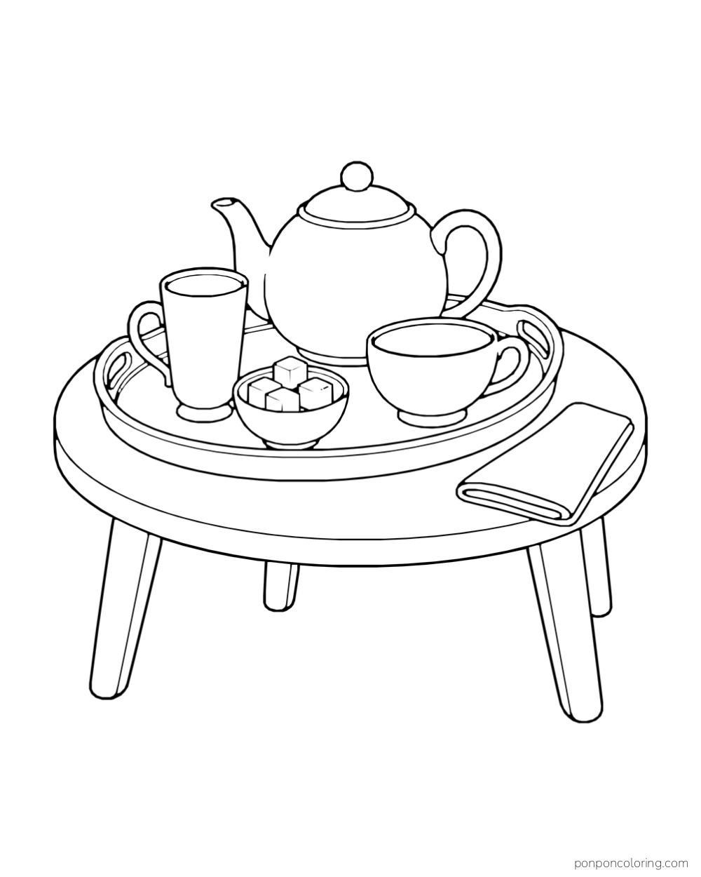 Oval tray holds a teapot, two unlike cups, a bowl of sugar cubes, and a folded napkin.