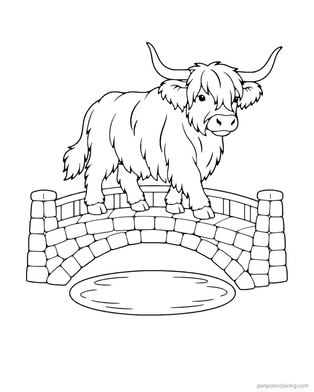A shaggy Highland cow stands on an arched stone bridge above water.