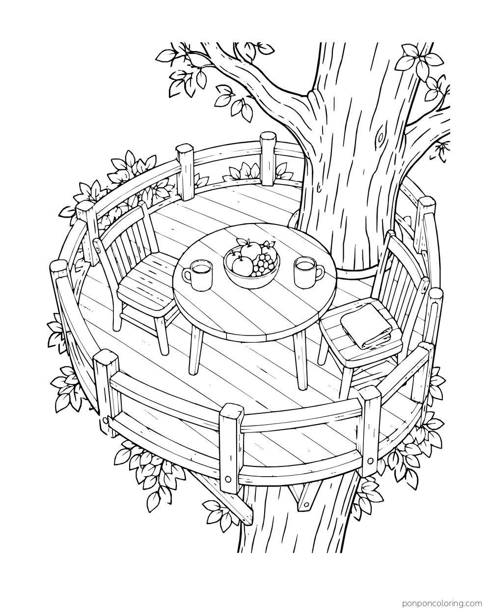 A high view shows an empty round treehouse deck around the trunk, with two cups and fruit on a table.