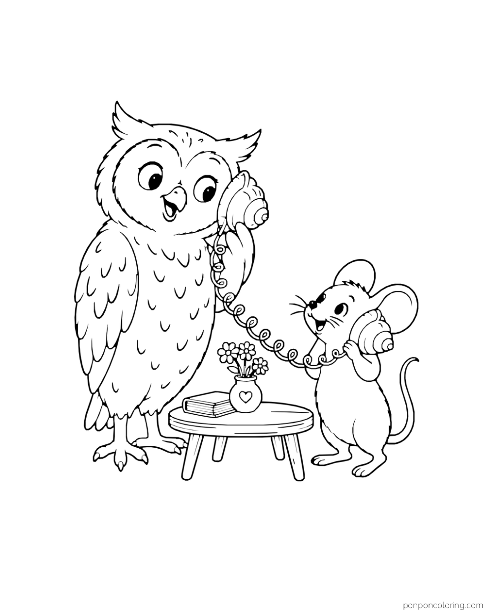 An owl and a mouse use shell telephones connected by a cord beside a little table.
