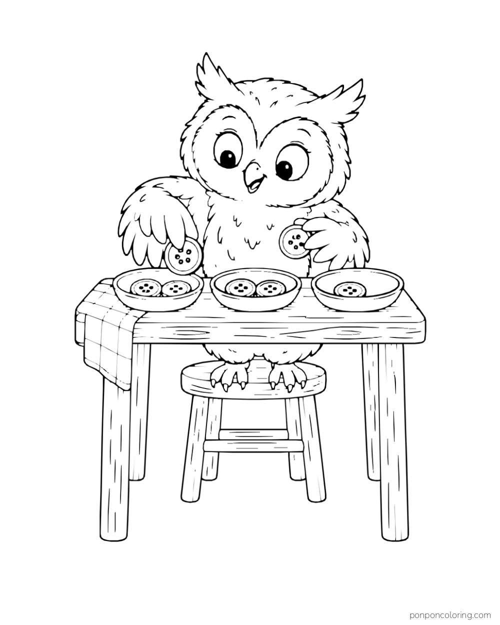 An owl sorts large buttons into three dishes on a wooden table.