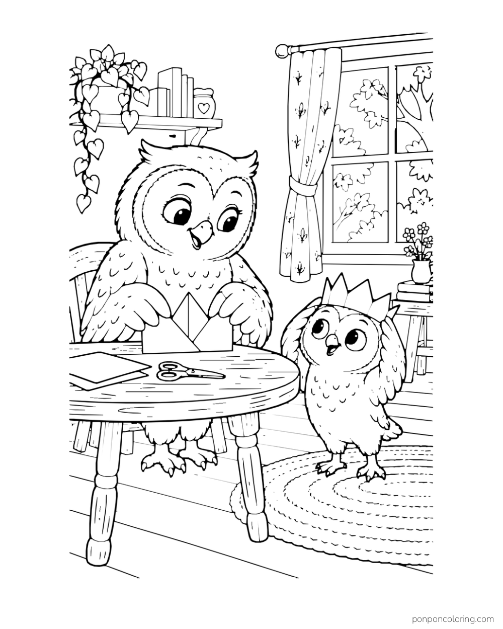 An owl folds a paper crown while a little owl tries one on.