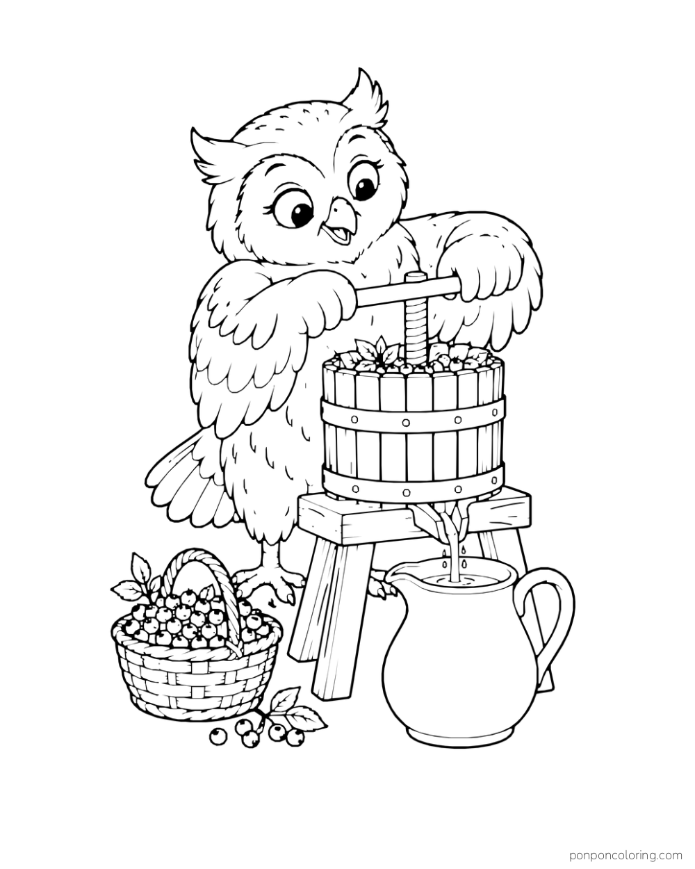 An owl operates a wooden berry press over a pitcher.