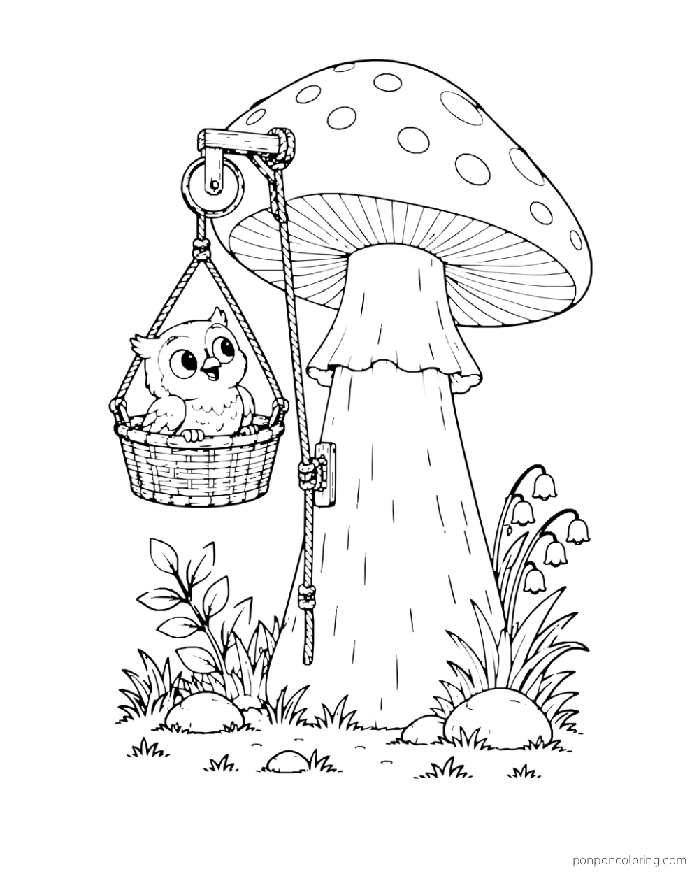 An owl rides in a basket elevator beside a tall spotted mushroom.