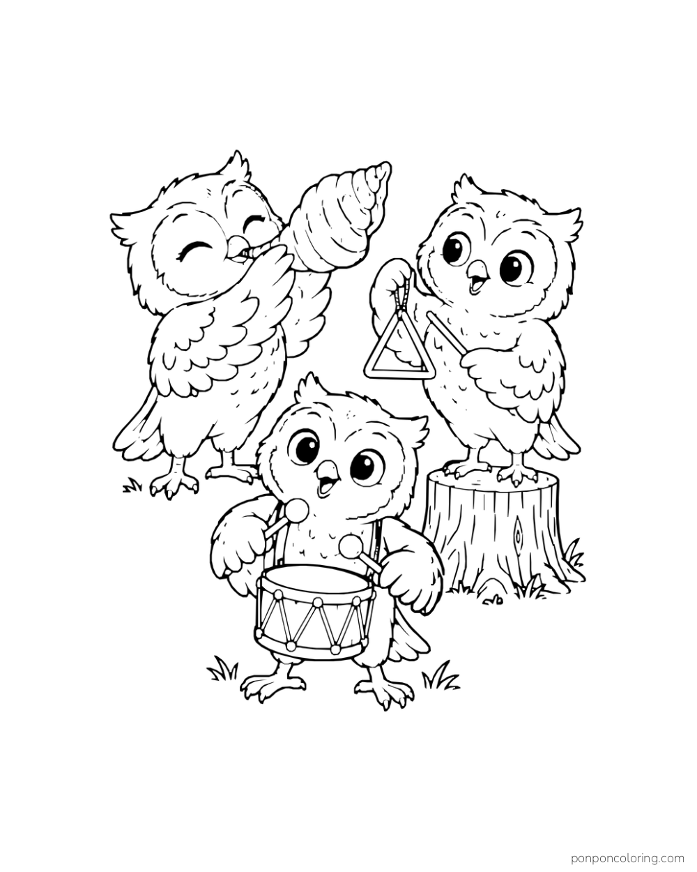 Three owls play a shell horn, a drum, and a triangle.