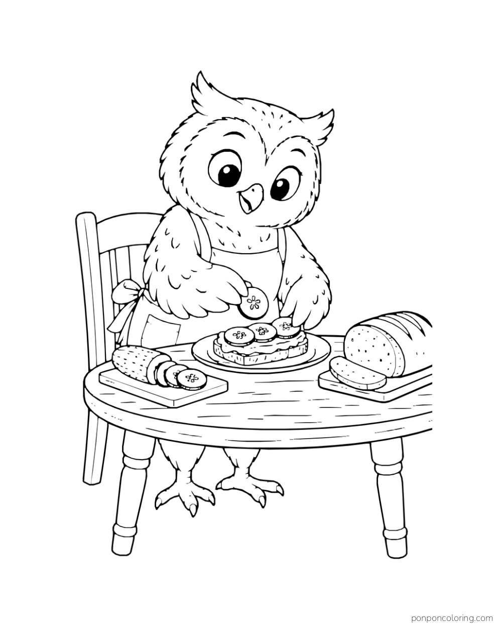 An owl places cucumber slices on a sandwich at a table.