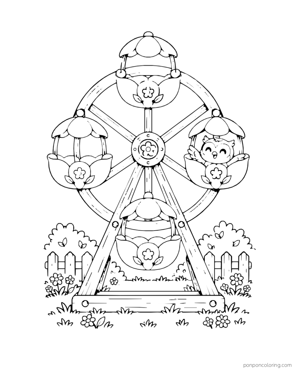 An owl rides in a flower-shaped gondola on a small garden Ferris wheel.