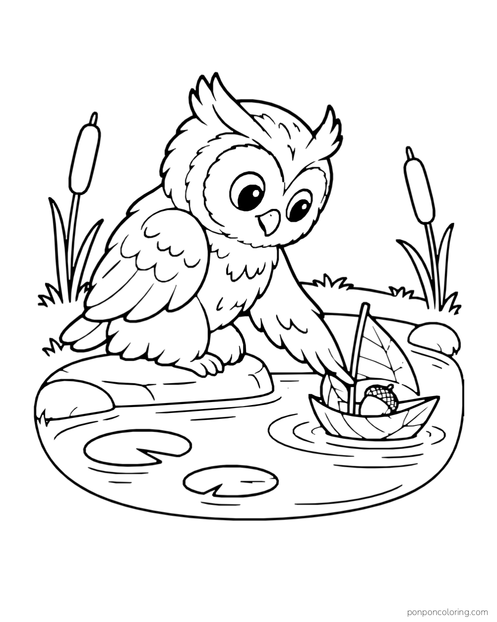 An owl reaches toward a small boat with a leaf sail and acorn cargo on a pond.