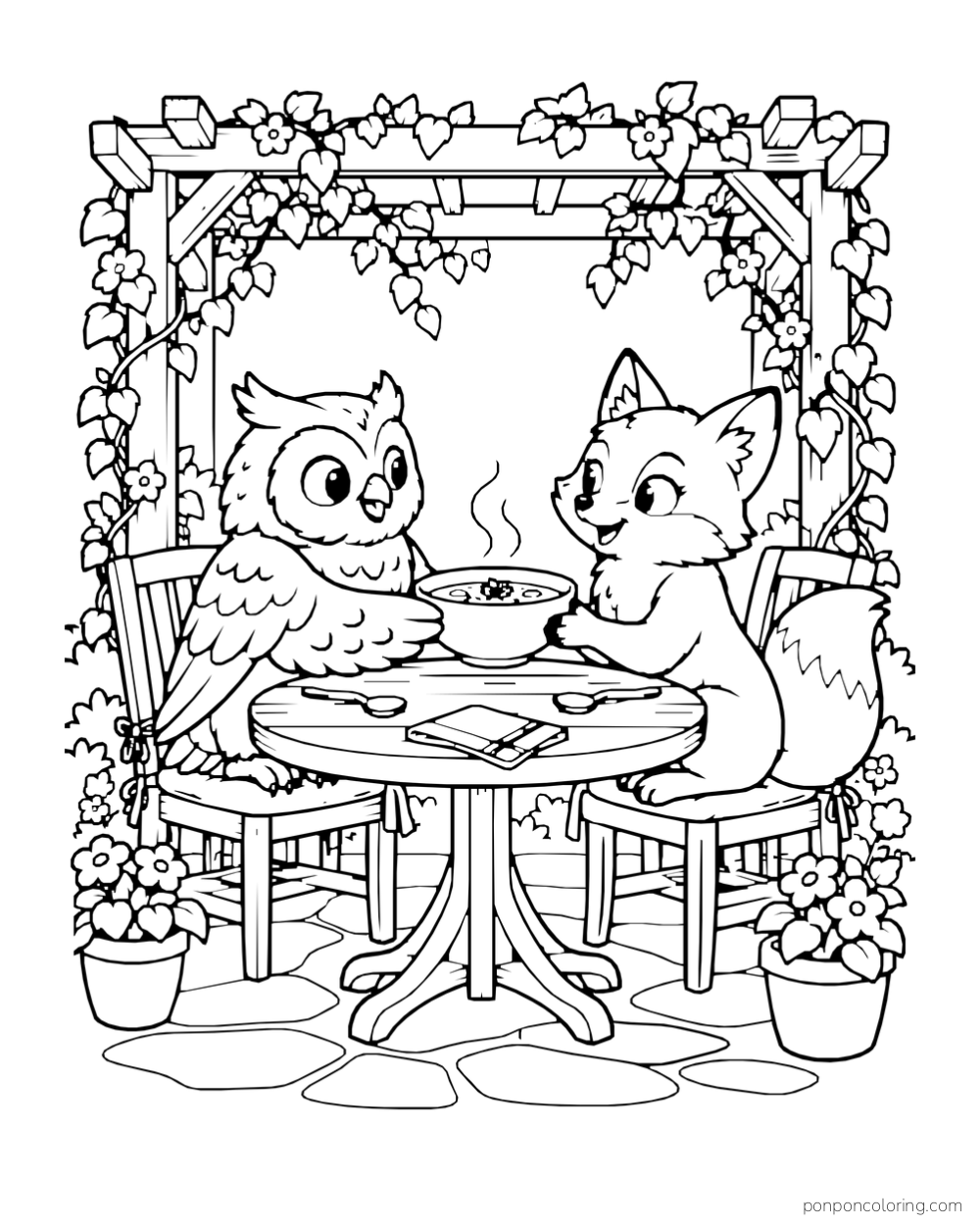 An owl and fox sit across a round garden table and hold a steaming soup bowl between them.