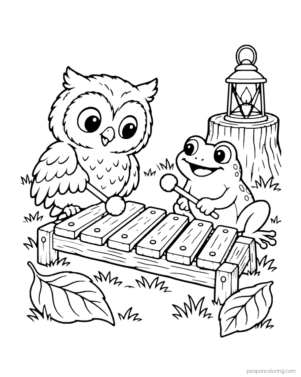 An owl and frog each hold a mallet beside a low wooden xylophone outdoors.