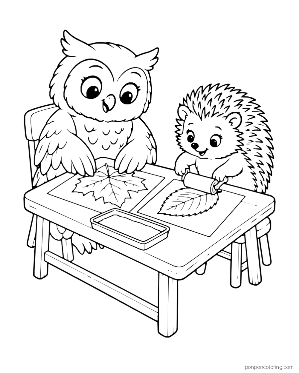 An owl and hedgehog press large leaves onto sheets at a low craft table.