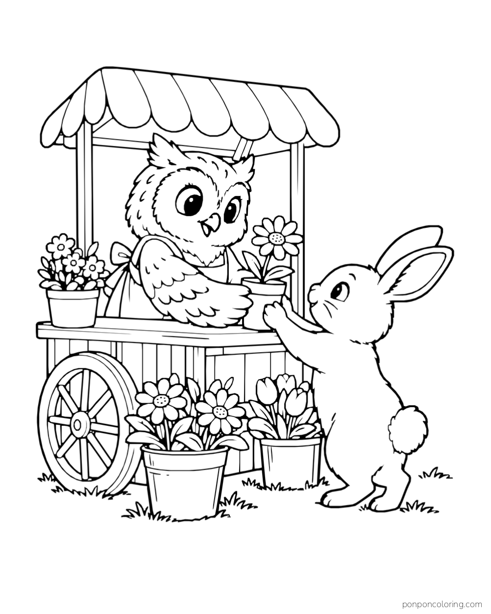 An owl at a flower cart passes a potted daisy to a rabbit across the counter.