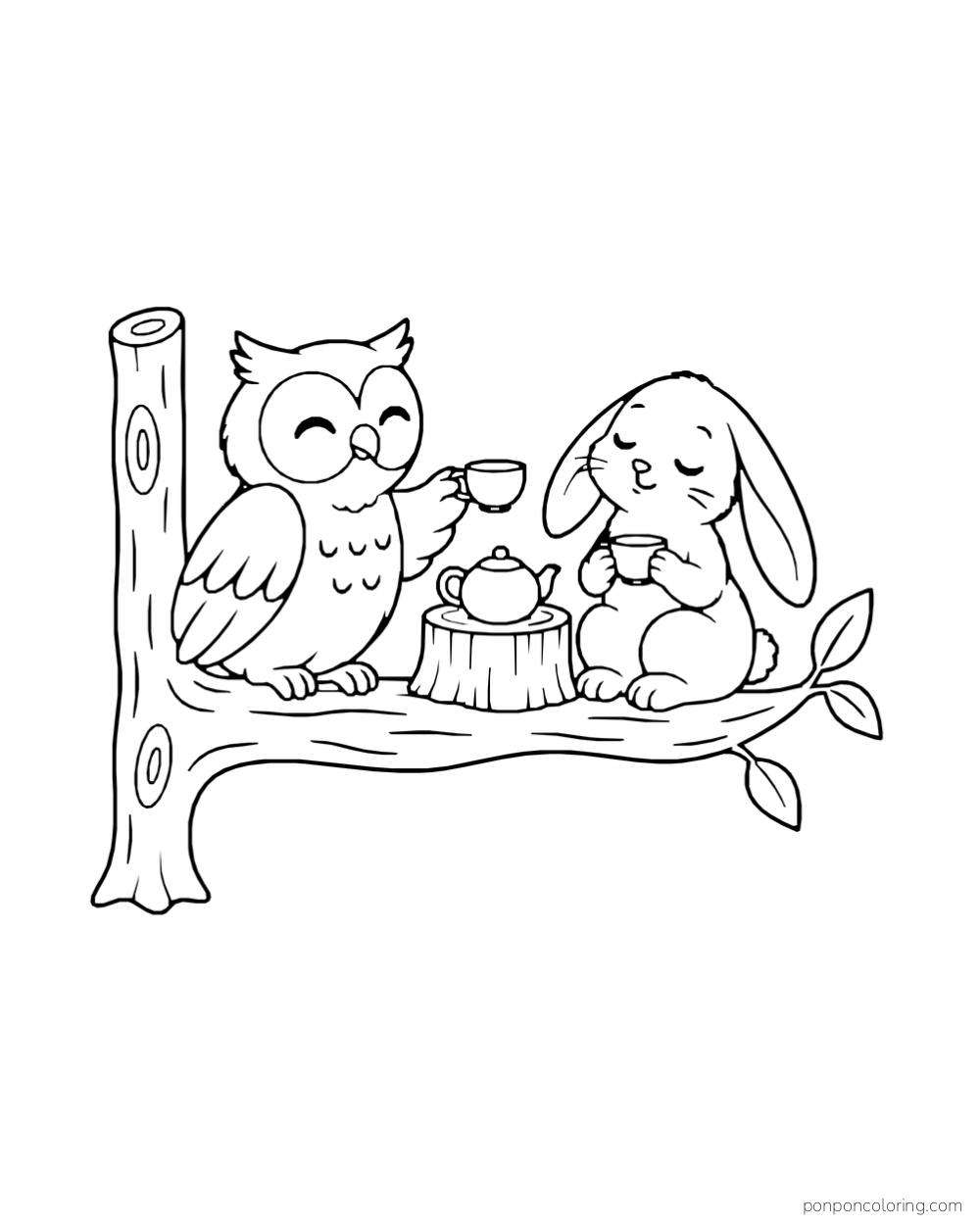 Owl and rabbit share cups beside a teapot on a tree branch.