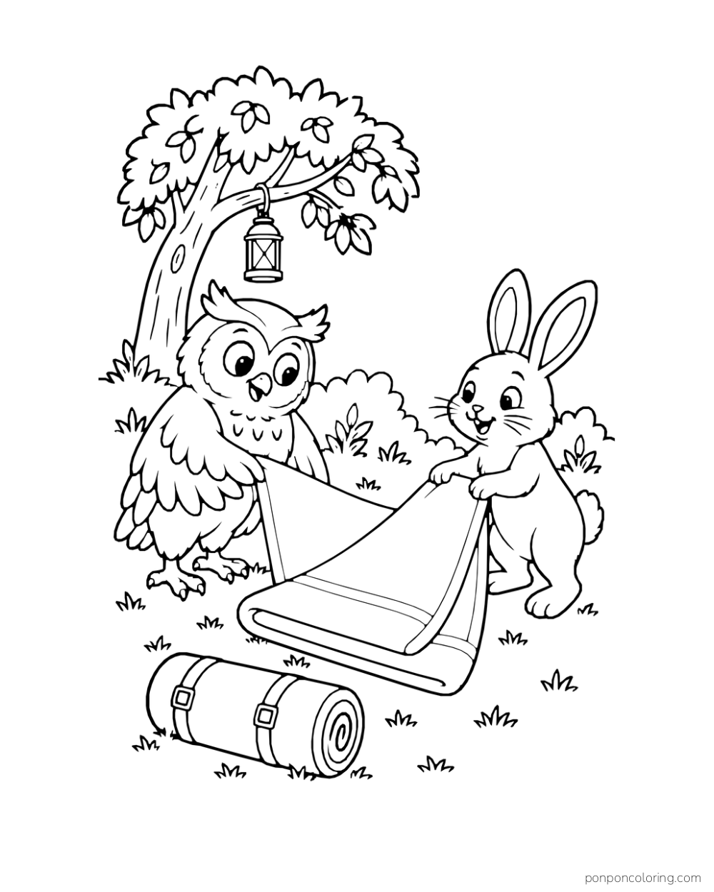 An owl and rabbit hold opposite corners of a camp blanket beneath a lantern tree.