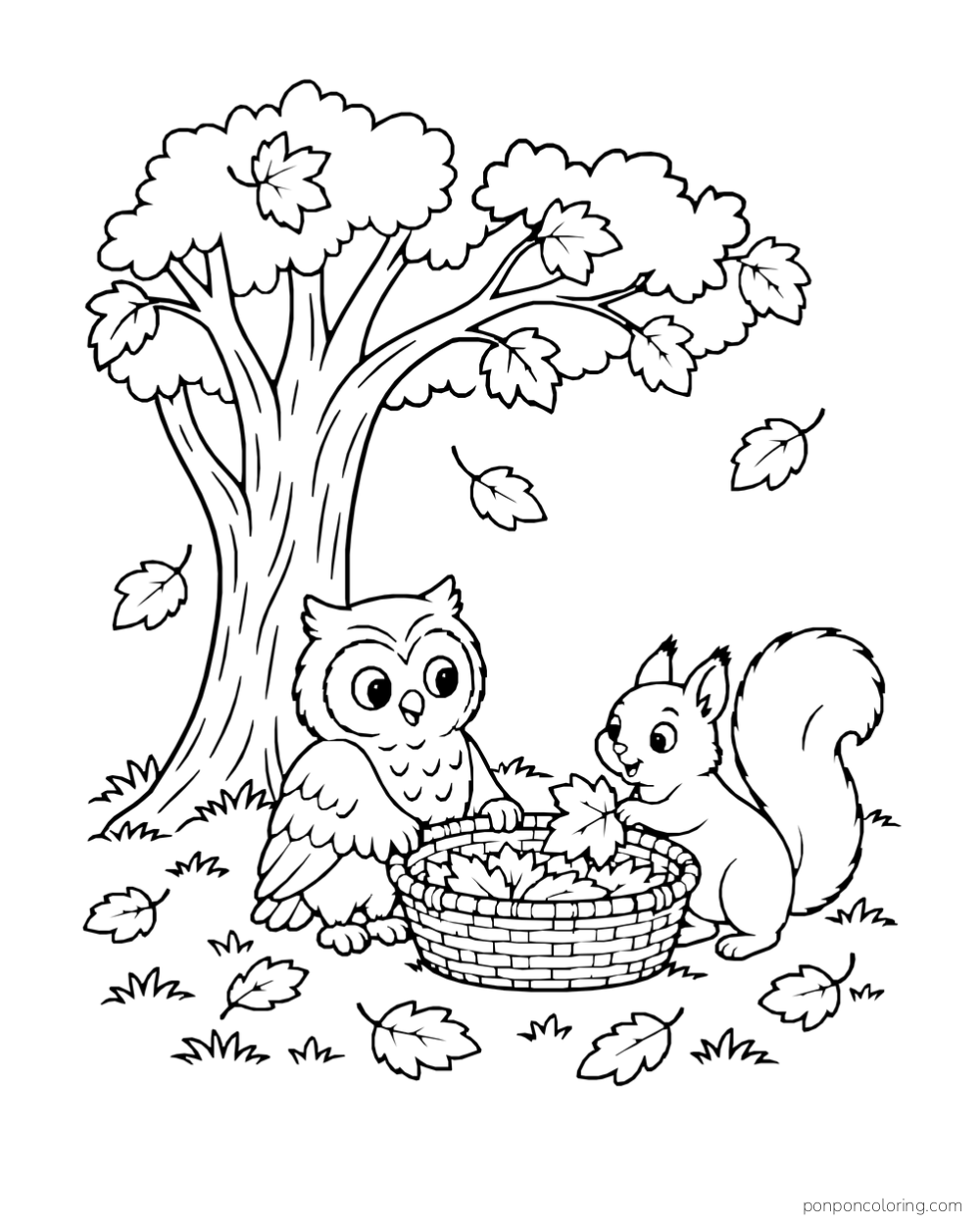 An owl holds a wide basket while a squirrel places a fallen leaf inside beneath a tree.