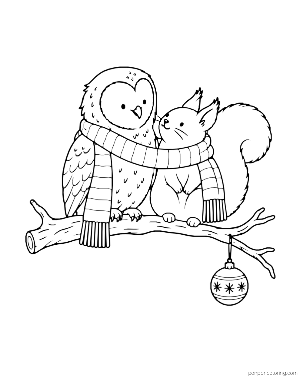 An owl and squirrel share a long scarf on a short branch with a hanging Christmas ornament.