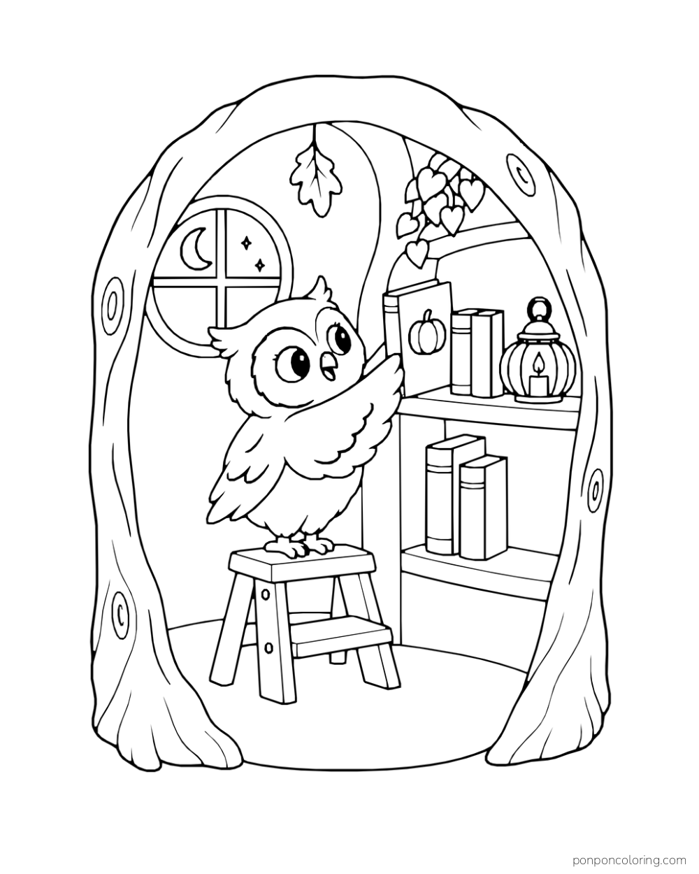 An owl librarian on a stool places a pumpkin-marked book on a shelf within a hollow tree.