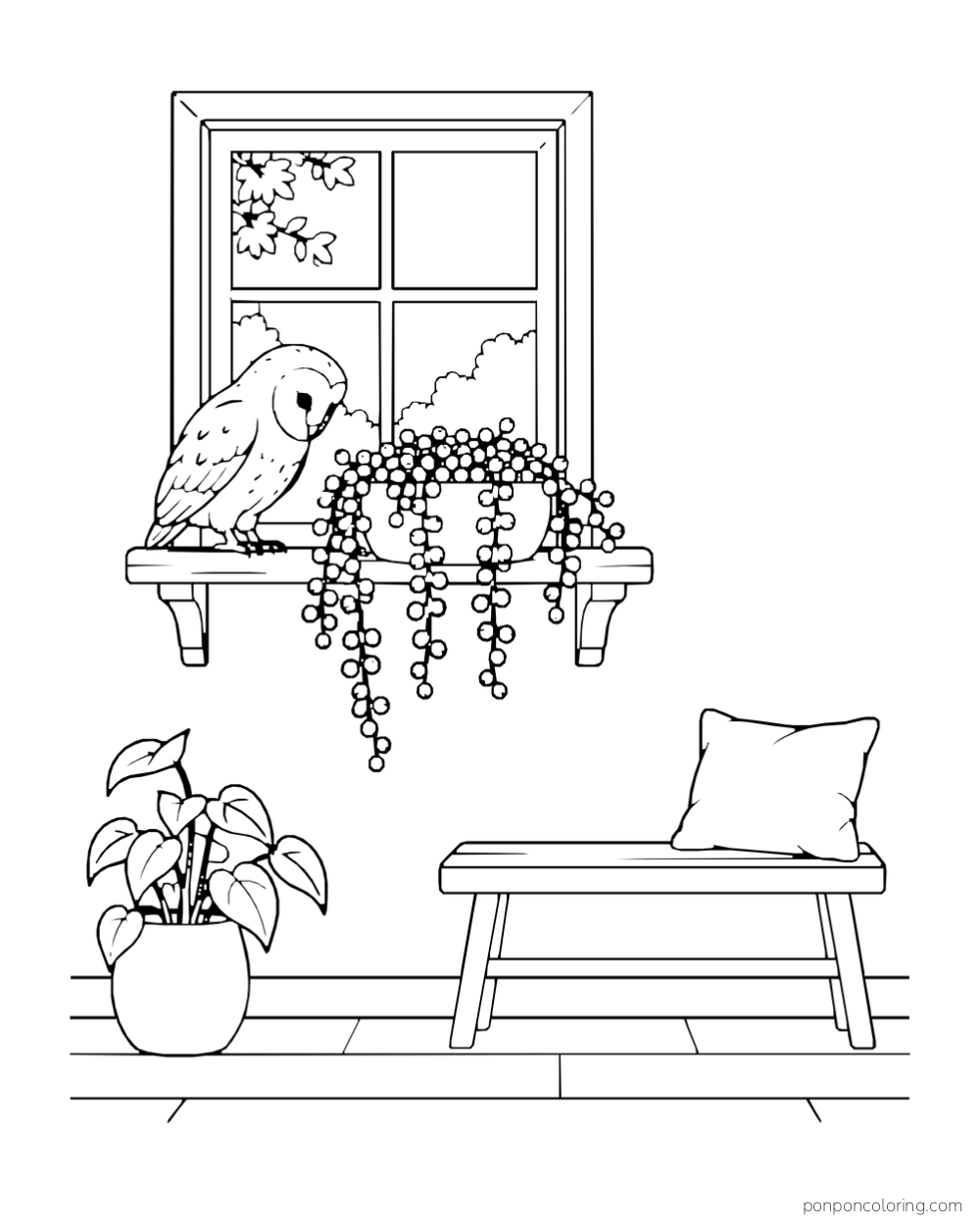 Owl on a windowsill beside a pot of long dangling round-leaf succulent strands.