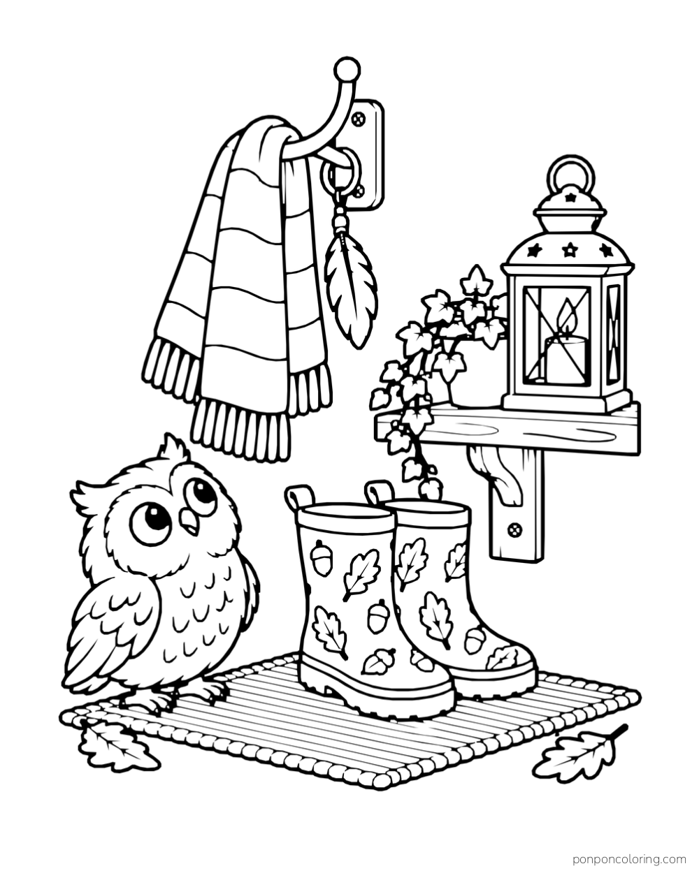 A small owl looks up at a hanging striped scarf beside patterned rain boots and a lantern.