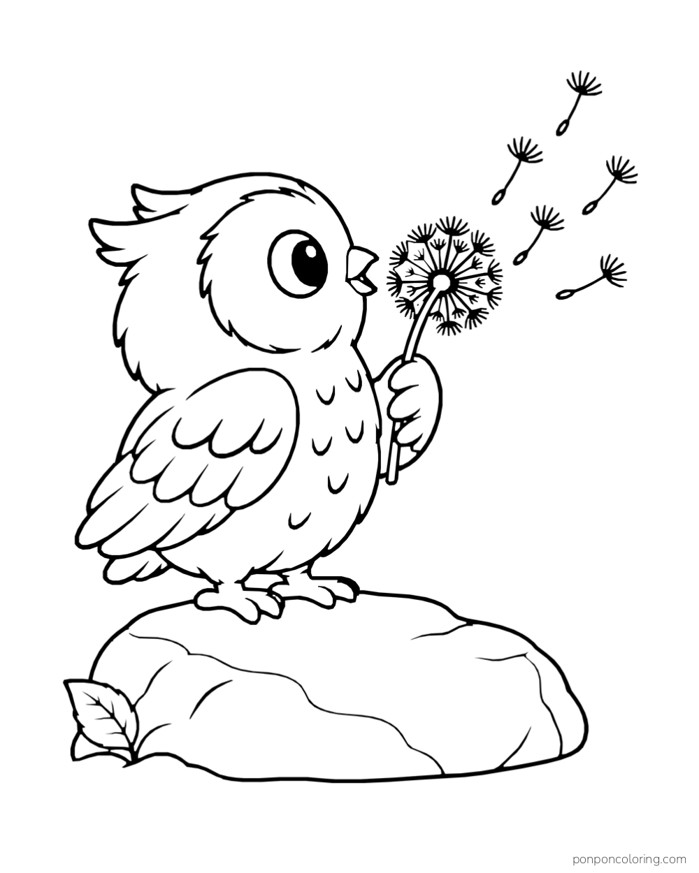 An owl stands on a broad stone and blows seeds from a dandelion puff held in one wing.