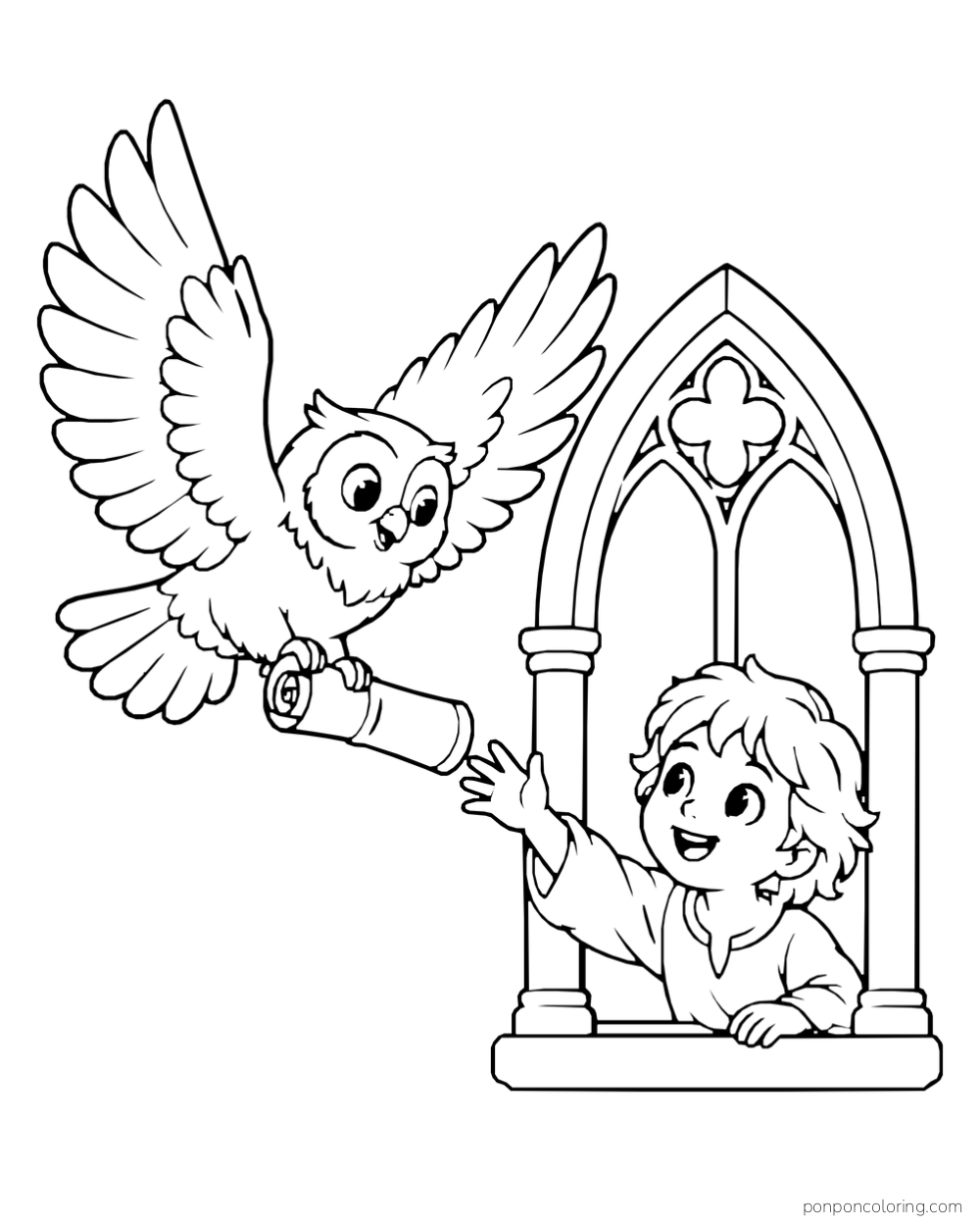 An owl carrying a rolled scroll toward a child reaching from a pointed castle window.