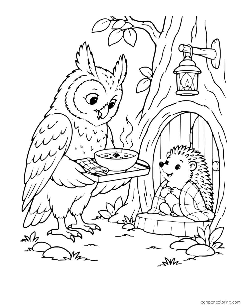 An owl carries a bowl of soup on a tray toward a hedgehog seated in the doorway of a tree burrow.