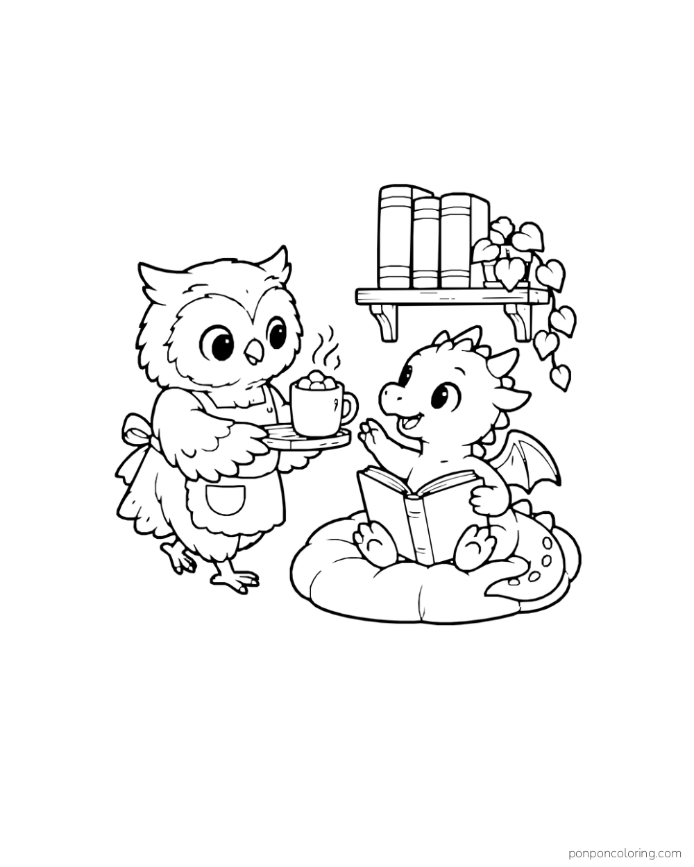 An owl carries a cocoa mug on a tray to a dragon sitting with an open book.