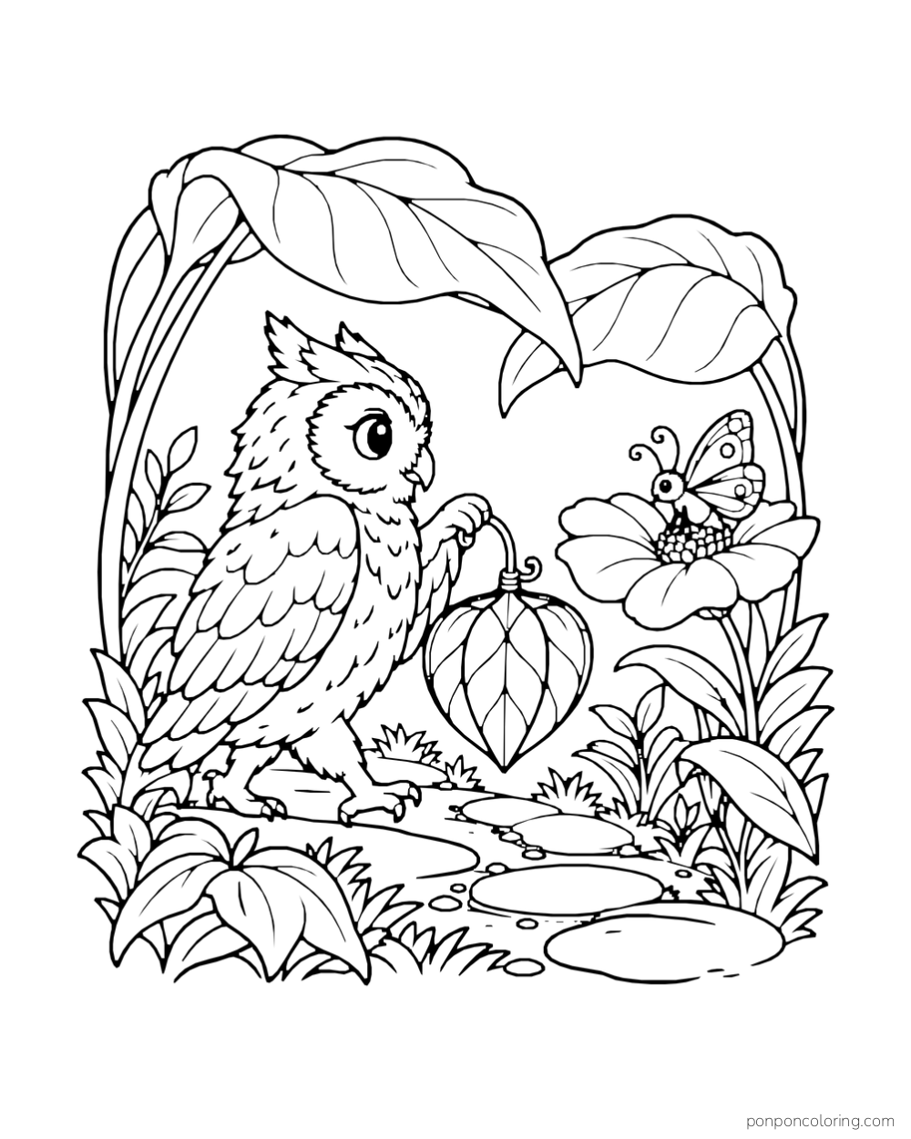An owl carries a leaf-shaped lantern along a garden path toward a flower and a moth.