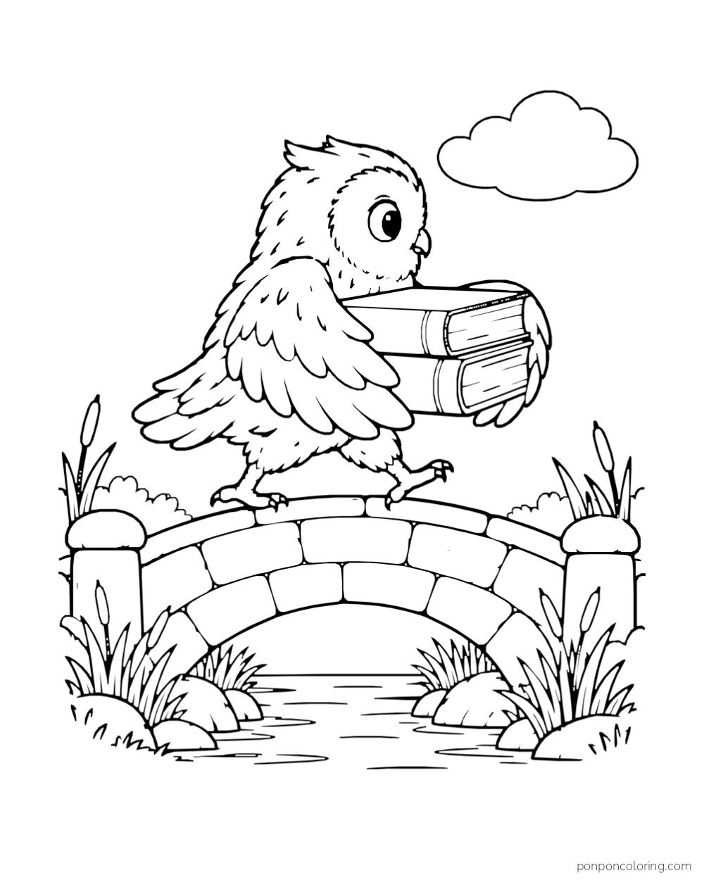 An owl carries two books across a short arched footbridge over a narrow stream.