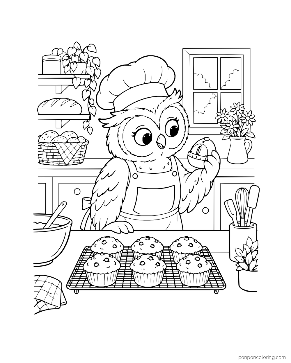 An owl baker holds a round kitchen timer near a tray of muffins.