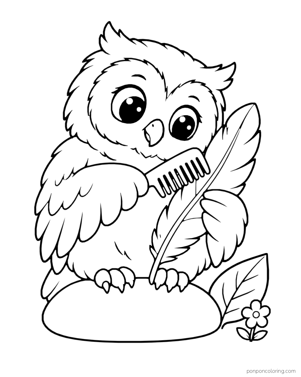 A fluffy owl sits on a stone and runs a wide comb along a long feather.