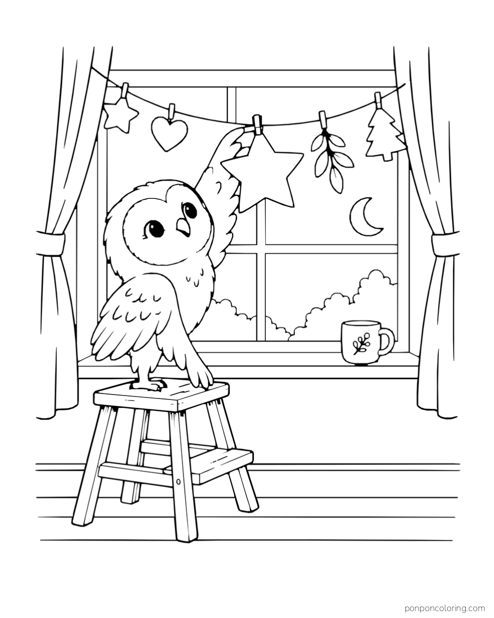 An owl on a stool reaches to hang a large paper star by a window with other decorations.