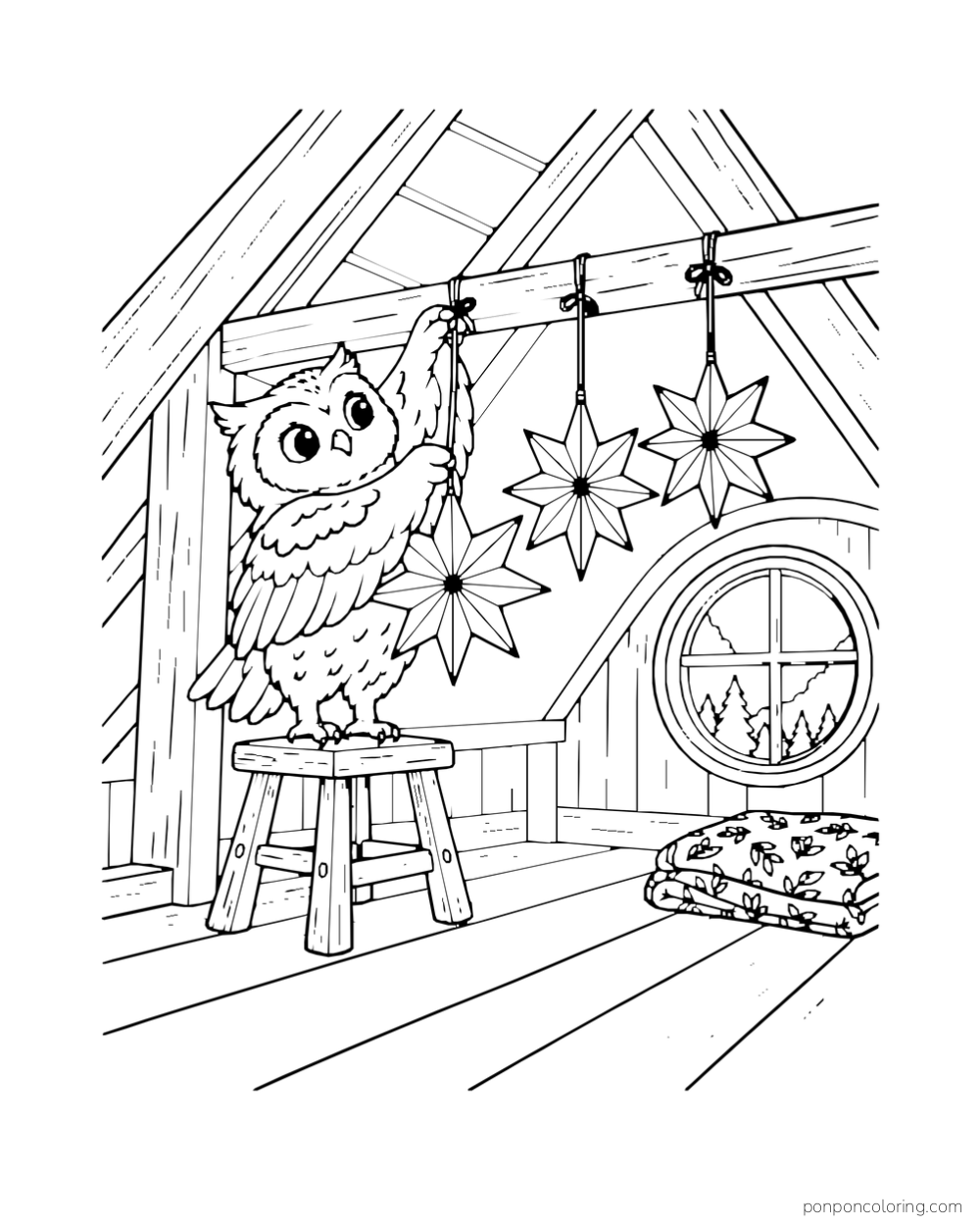An owl on a stool ties paper stars to a beam in an attic nook.